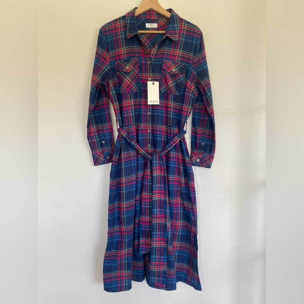 UNTUCKit Blue and Red Plaid Midi Shirt Dress